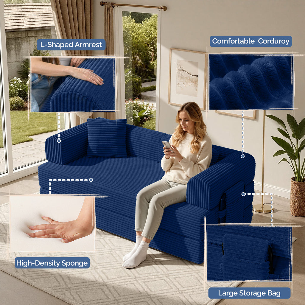 Daluvenix 4-in-1 Folding Convertible Sofa Bed 81 Inch Oversized Corduroy Upholstered Boneless Couch Loveseat Sleeper with Pull Out Bed