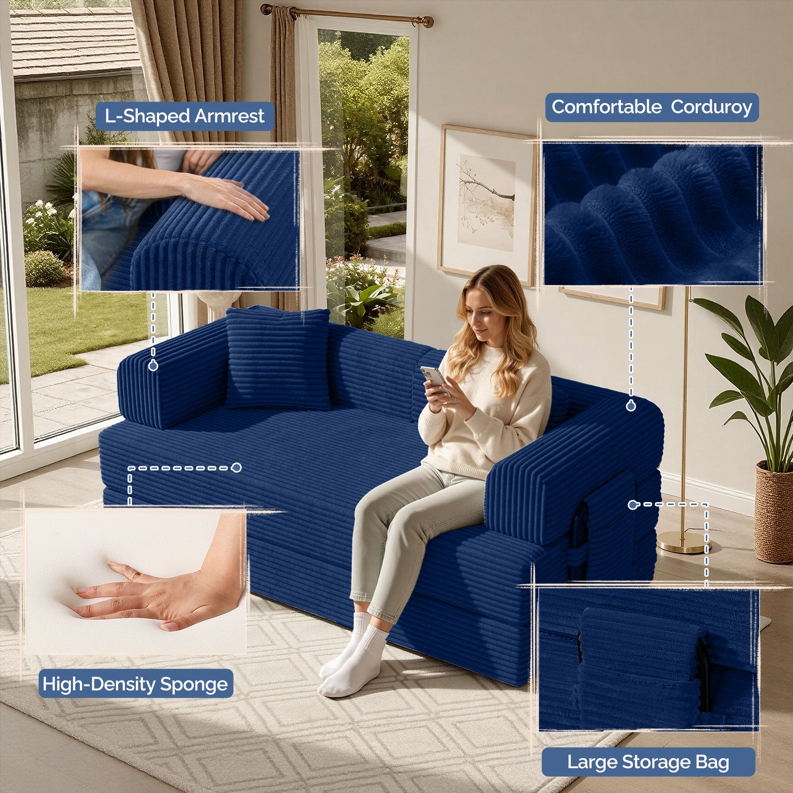 Daluvenix 4-in-1 Folding Convertible Sofa Bed 81 Inch Oversized Corduroy Upholstered Boneless Couch Loveseat Sleeper with Pull Out Bed