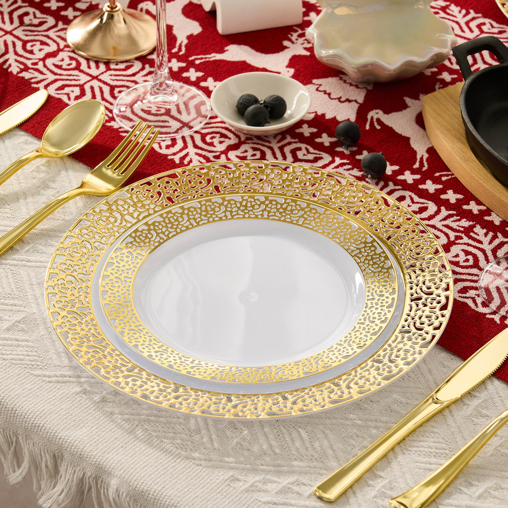 Daluvenix 350 Pcs Gold Dinnerware Set, Gold Plastic Plates with Gold Lace Rim Design, Gold Disposable Dinnerware Set for Wedding, Party and Graduation