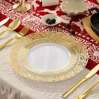 Daluvenix 350 Pcs Gold Dinnerware Set, Gold Plastic Plates with Gold Lace Rim Design, Gold Disposable Dinnerware Set for Wedding, Party and Graduation