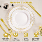 Daluvenix 100 Pcs Gold Plastic Plates for 50 Guests, White and Gold / Rose Gold Disposable Plates, Vintage Disposable Dinnerware for Party, Wedding and Graduation