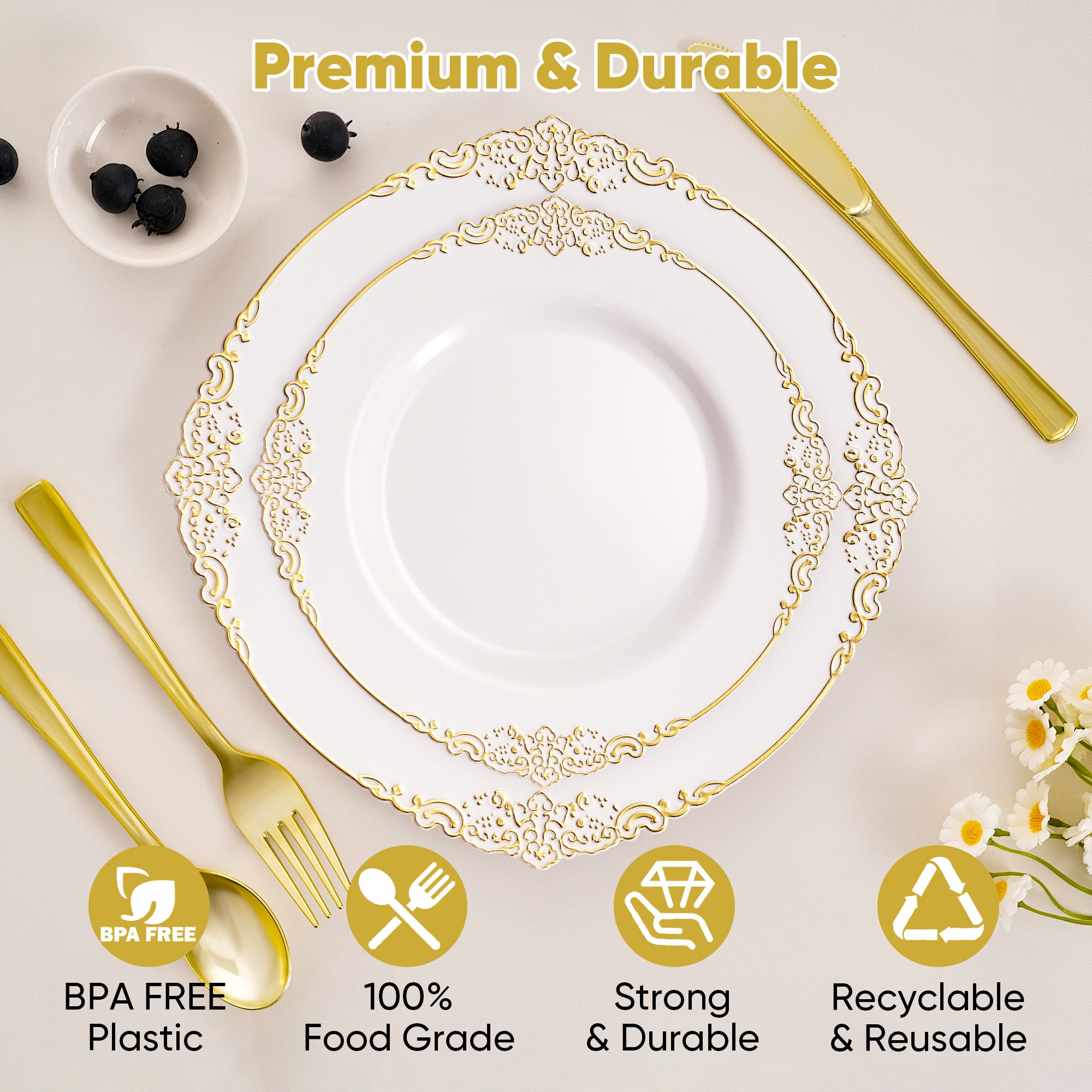 Daluvenix 100 Pcs Gold Plastic Plates for 50 Guests, White and Gold / Rose Gold Disposable Plates, Vintage Disposable Dinnerware for Party, Wedding and Graduation
