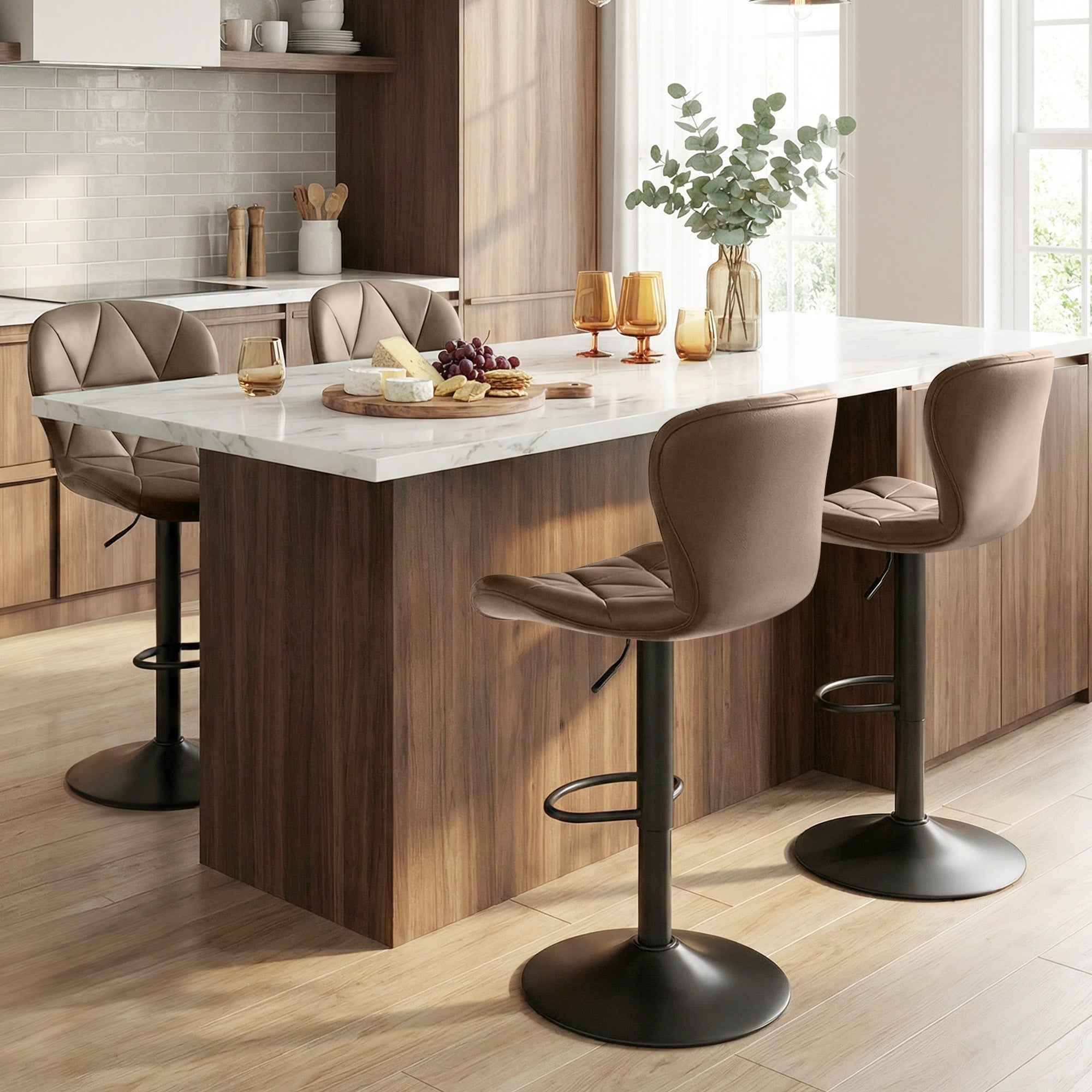 Daluvenix Modern Bar Stools Set of 4, Adjustable Swivel Counter Height Bar Chairs with Back, Faux Leather Upholstered for Kitchen Island