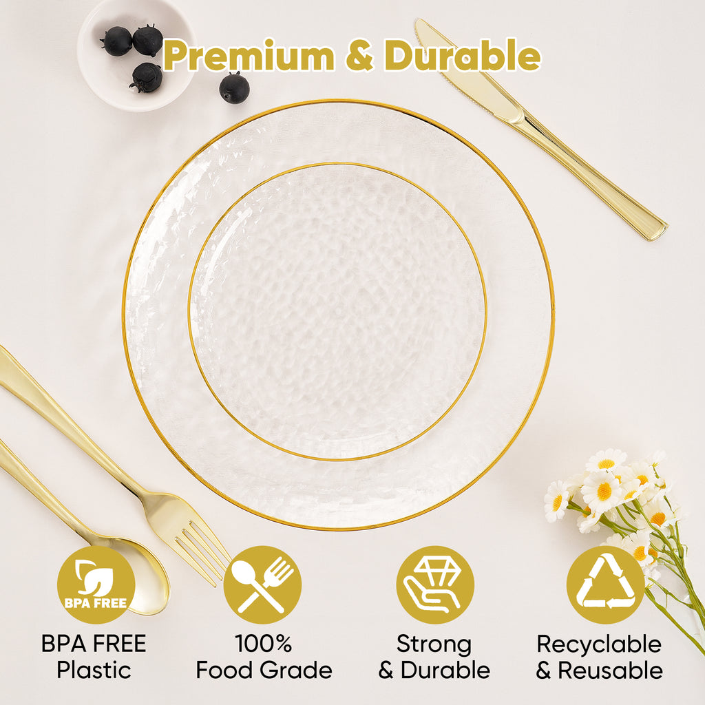 Daluvenix 100/200 Pcs Gold Plastic Plates for 50 Guests, Clear Gold Rimmed Disposable Dinnerware Set, Hammer Pattern Design & Heavy-duty Fancy Disposable Plate Ideal for Party, Wedding and Graduation