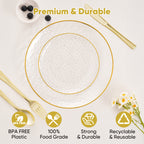 Daluvenix 100/200 Pcs Gold Plastic Plates for 50 Guests, Clear Gold Rimmed Disposable Dinnerware Set, Hammer Pattern Design & Heavy-duty Fancy Disposable Plate Ideal for Party, Wedding and Graduation