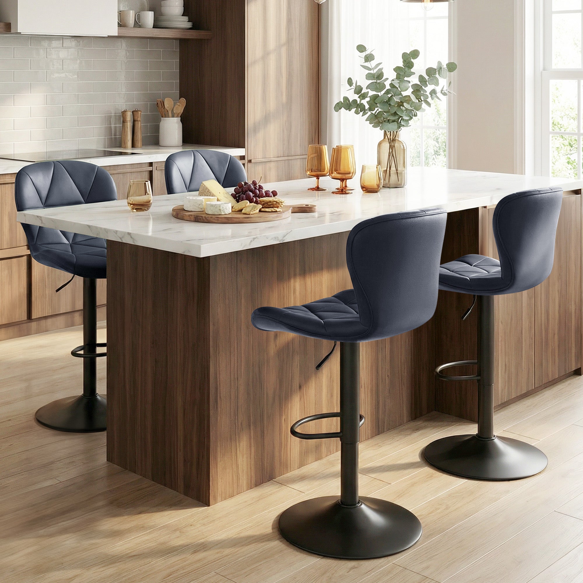 Daluvenix Modern Bar Stools Set of 4, Adjustable Swivel Counter Height Bar Chairs with Back, Faux Leather Upholstered for Kitchen Island