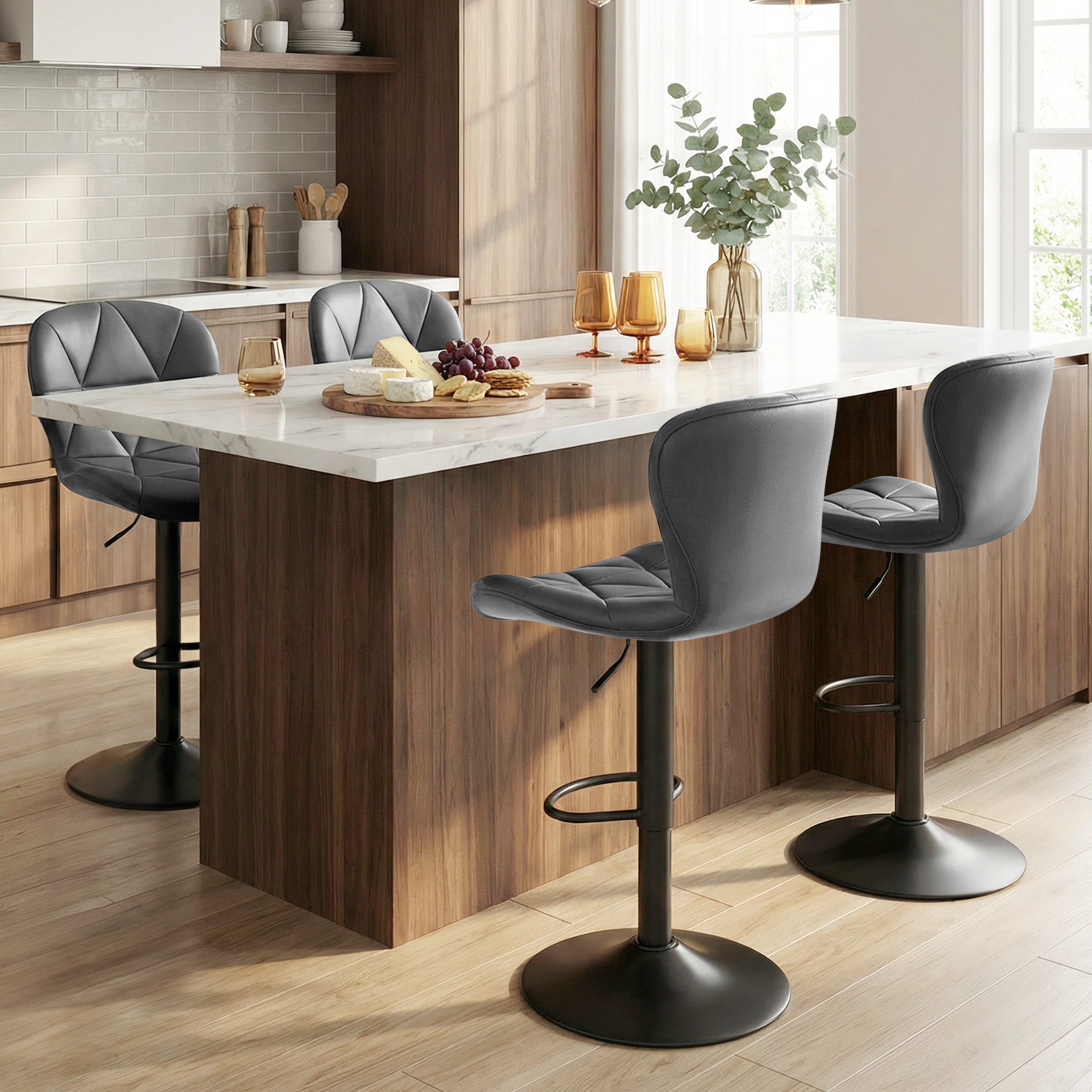 Daluvenix Modern Bar Stools Set of 4, Adjustable Swivel Counter Height Bar Chairs with Back, Faux Leather Upholstered for Kitchen Island