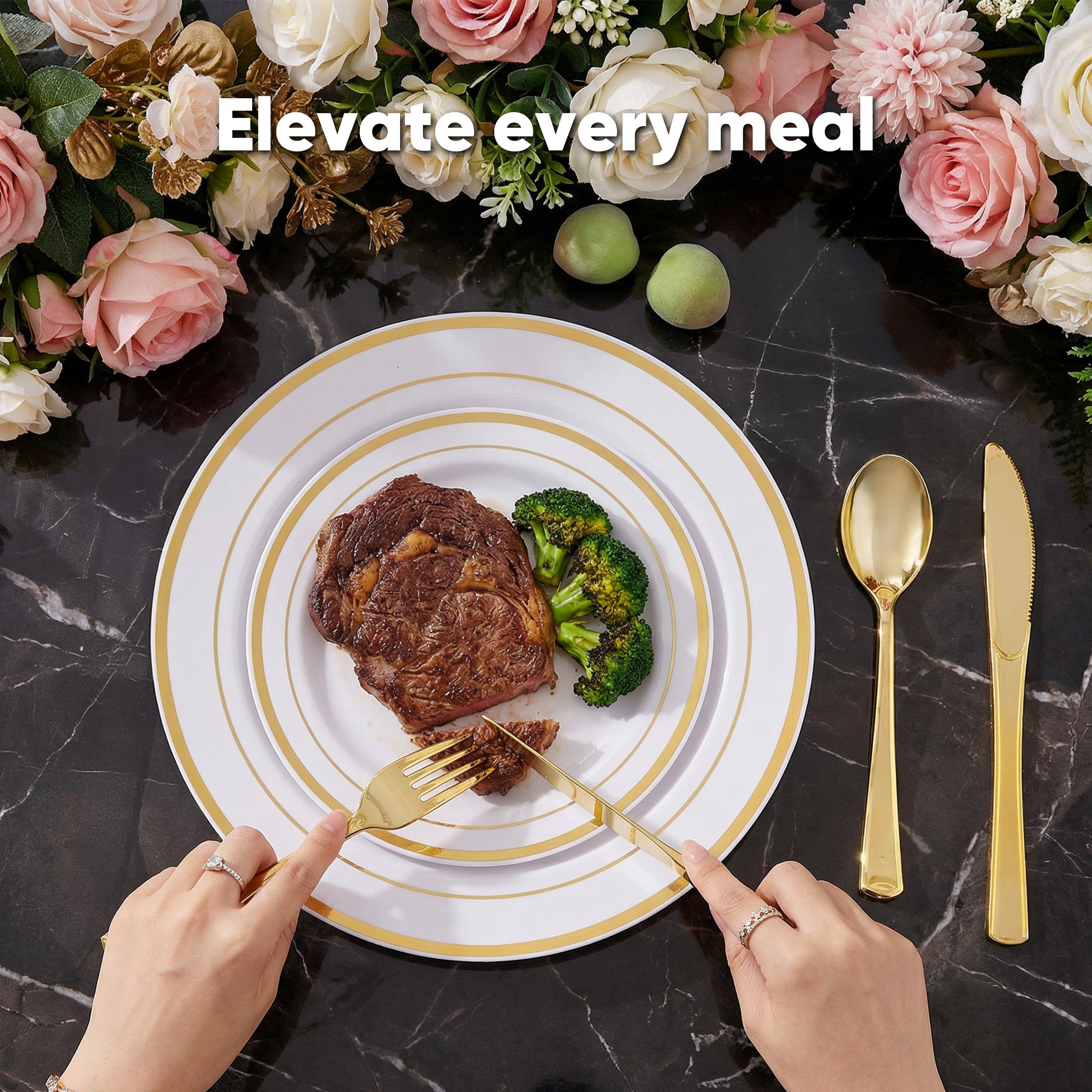 Daluvenix Gold Plastic Dinnerware Set for 50 Guests, Silver Plastic Plates for Party, 50 Disposable Plates, 50 Dessert Plates, 50 Napkins with Silverware, 50 Cups