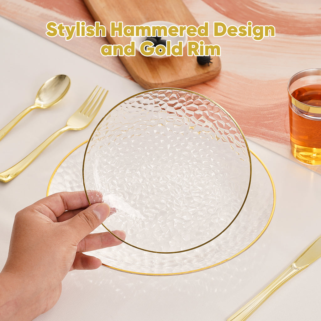 Daluvenix 100/200 Pcs Gold Plastic Plates for 50 Guests, Clear Gold Rimmed Disposable Dinnerware Set, Hammer Pattern Design & Heavy-duty Fancy Disposable Plate Ideal for Party, Wedding and Graduation