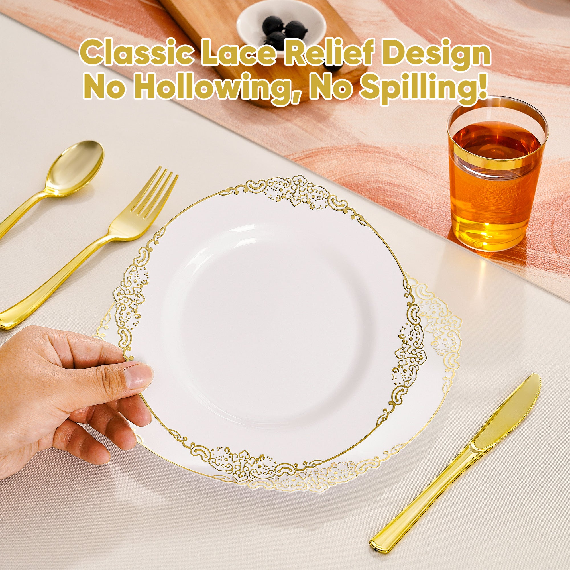 Daluvenix 100 Pcs Gold Plastic Plates for 50 Guests, White and Gold / Rose Gold Disposable Plates, Vintage Disposable Dinnerware for Party, Wedding and Graduation