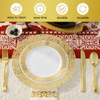 Daluvenix 350 Pcs Gold Dinnerware Set, Gold Plastic Plates with Gold Lace Rim Design, Gold Disposable Dinnerware Set for Wedding, Party and Graduation