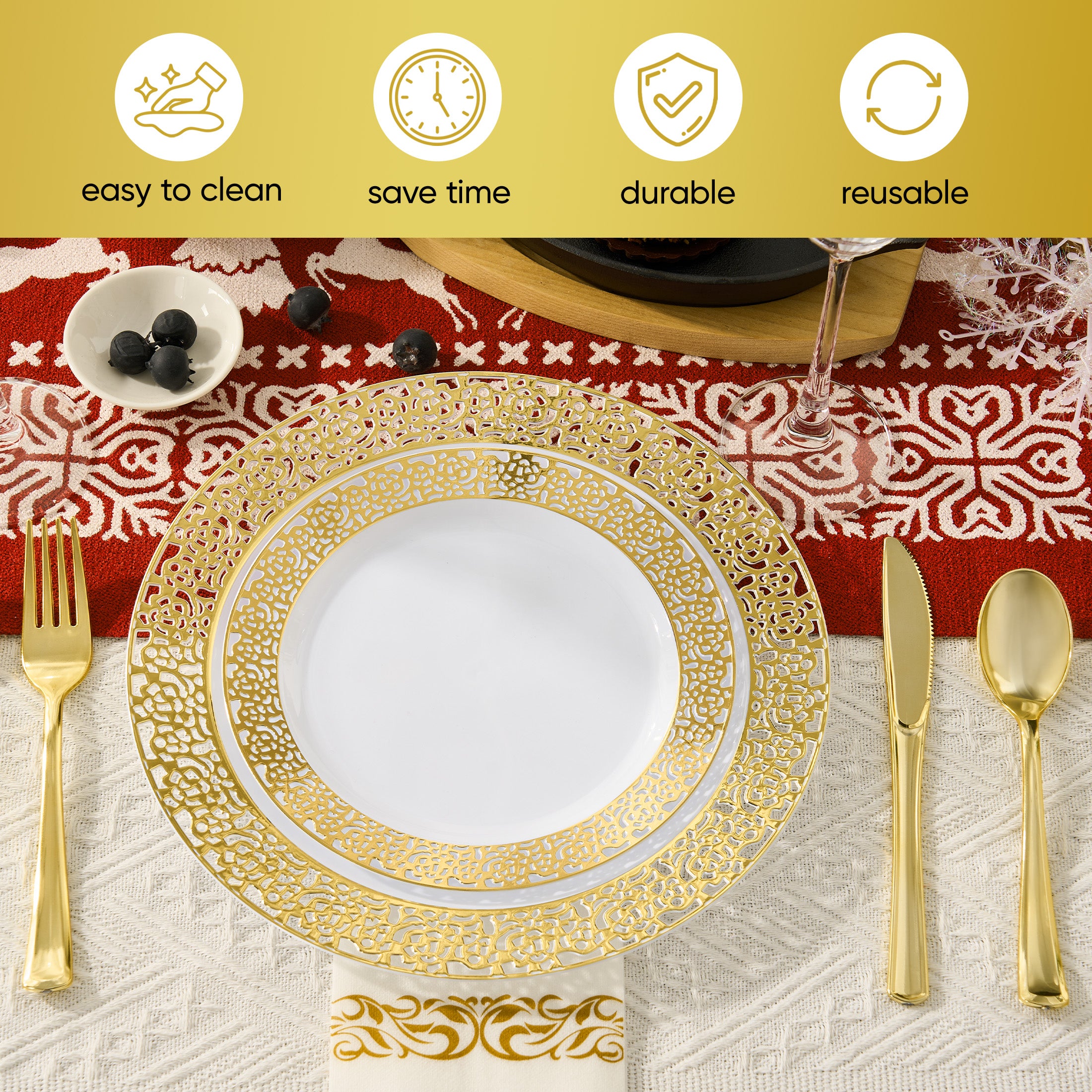 Daluvenix 350 Pcs Gold Dinnerware Set, Gold Plastic Plates with Gold Lace Rim Design, Gold Disposable Dinnerware Set for Wedding, Party and Graduation