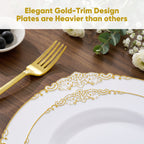 Daluvenix 350 Pcs Gold Plastic Dinnerware Set for 50 Guests, Disposable Dinnerware Sets Include 100 Sliver Rim Plastic Plates, 50 Silverwares, 50 Cups, and 50 Napkins for Party, Wedding, Holidays