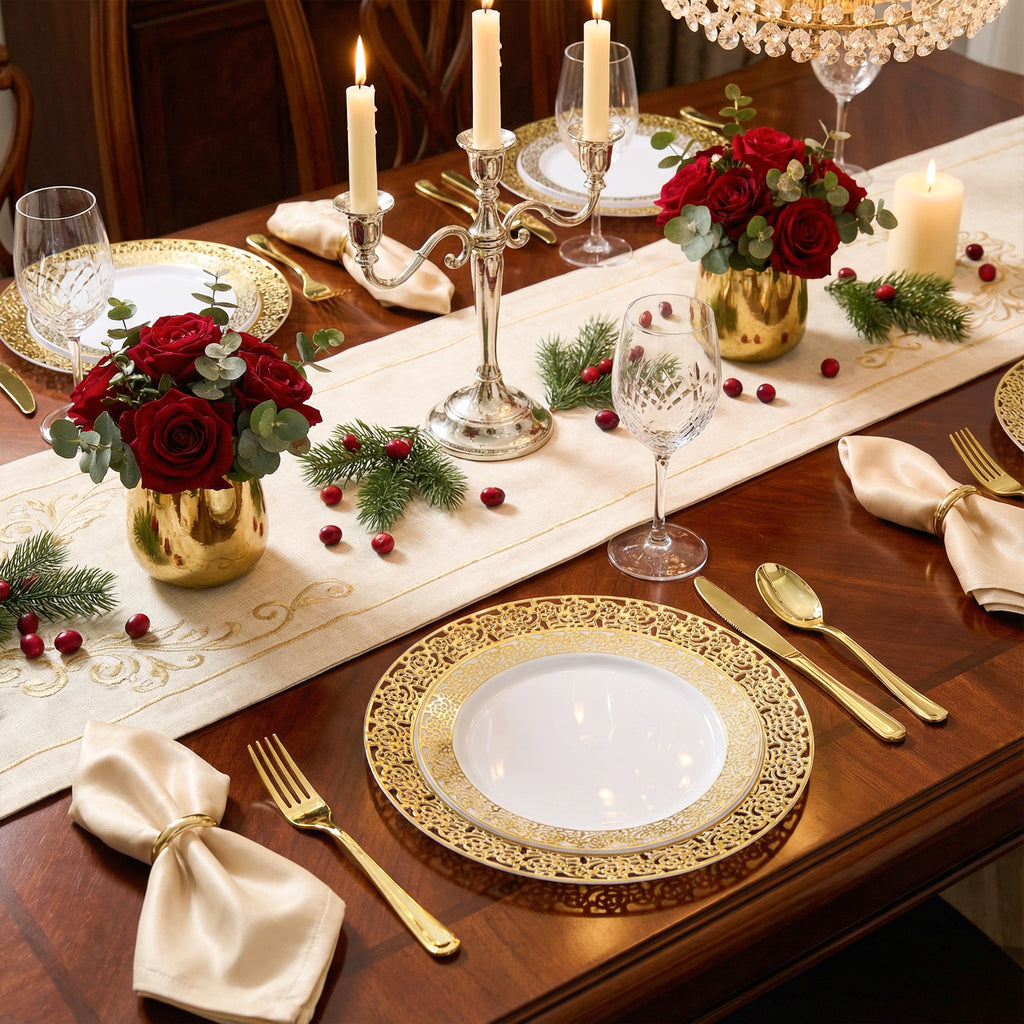 Daluvenix 350 Pcs Gold Dinnerware Set, Gold Plastic Plates with Gold Lace Rim Design, Gold Disposable Dinnerware Set for Wedding, Party and Graduation