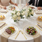 Daluvenix 100/200 Pcs Gold Plastic Plates for 50 Guests, Clear Gold Rimmed Disposable Dinnerware Set, Hammer Pattern Design & Heavy-duty Fancy Disposable Plate Ideal for Party, Wedding and Graduation