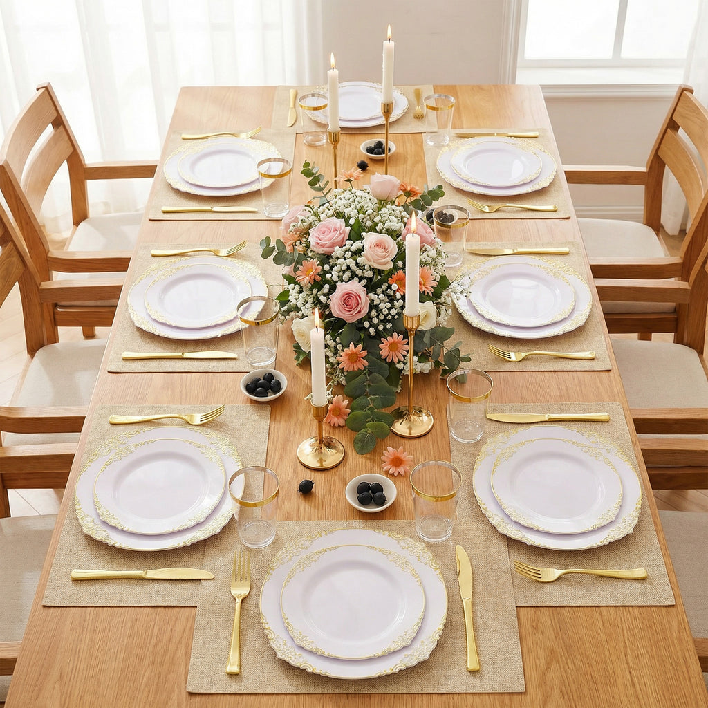 Daluvenix 100 Pcs Gold Plastic Plates for 50 Guests, White and Gold / Rose Gold Disposable Plates, Vintage Disposable Dinnerware for Party, Wedding and Graduation