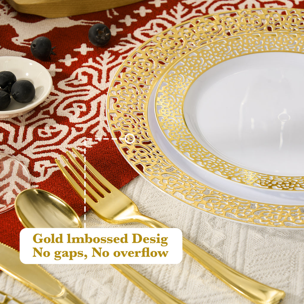 Daluvenix 350 Pcs Gold Dinnerware Set, Gold Plastic Plates with Gold Lace Rim Design, Gold Disposable Dinnerware Set for Wedding, Party and Graduation