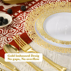 Daluvenix 350 Pcs Gold Dinnerware Set, Gold Plastic Plates with Gold Lace Rim Design, Gold Disposable Dinnerware Set for Wedding, Party and Graduation