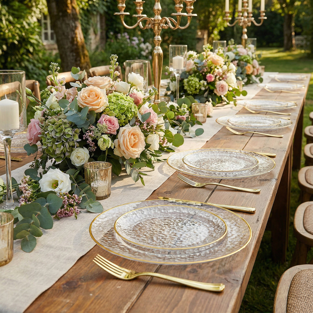 Daluvenix 100/200 Pcs Gold Plastic Plates for 50 Guests, Clear Gold Rimmed Disposable Dinnerware Set, Hammer Pattern Design & Heavy-duty Fancy Disposable Plate Ideal for Party, Wedding and Graduation