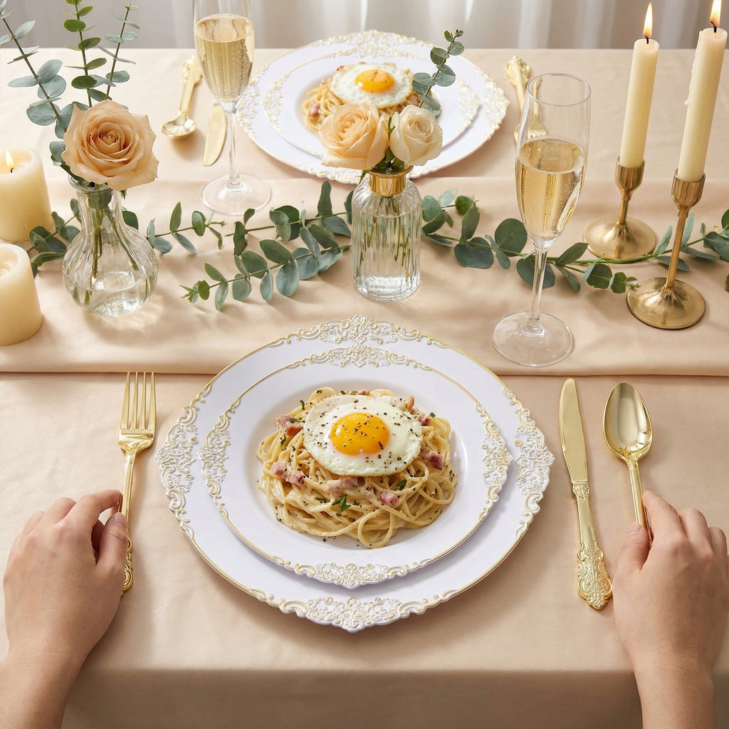 Daluvenix 350 Pcs Gold Plastic Dinnerware Set for 50 Guests, Disposable Dinnerware Sets Include 100 Sliver Rim Plastic Plates, 50 Silverwares, 50 Cups, and 50 Napkins for Party, Wedding, Holidays