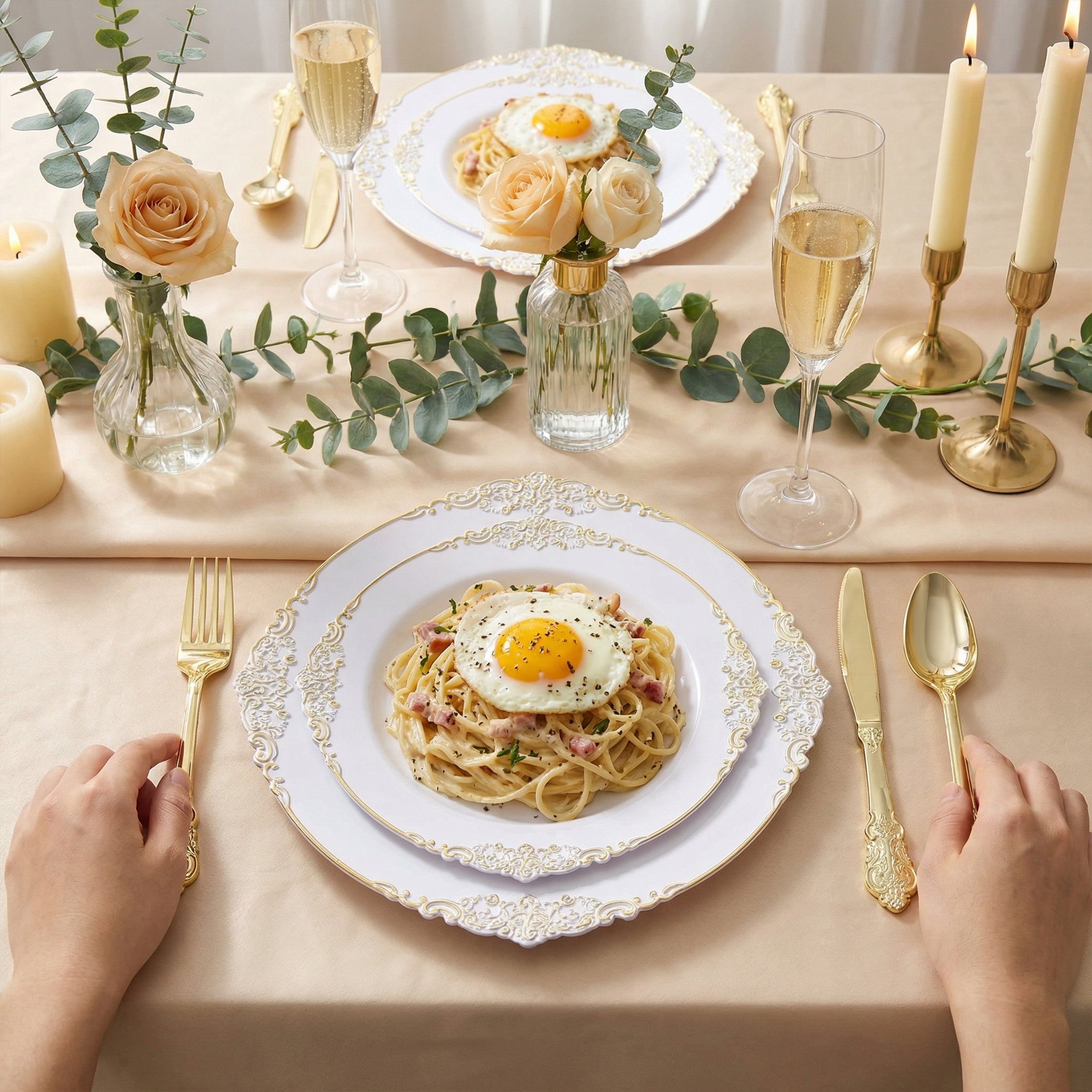 Daluvenix 350 Pcs Gold Plastic Dinnerware Set for 50 Guests, Disposable Dinnerware Sets Include 100 Sliver Rim Plastic Plates, 50 Silverwares, 50 Cups, and 50 Napkins for Party, Wedding, Holidays