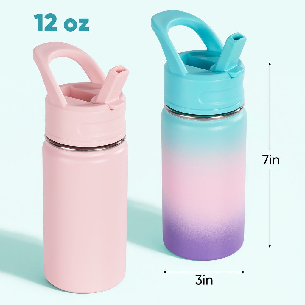 Daluvenix 12oz Insulated Kids Water Bottle with Straw and Carry Handle, Leak-Proof BPA-Free Stainless Steel Bottle