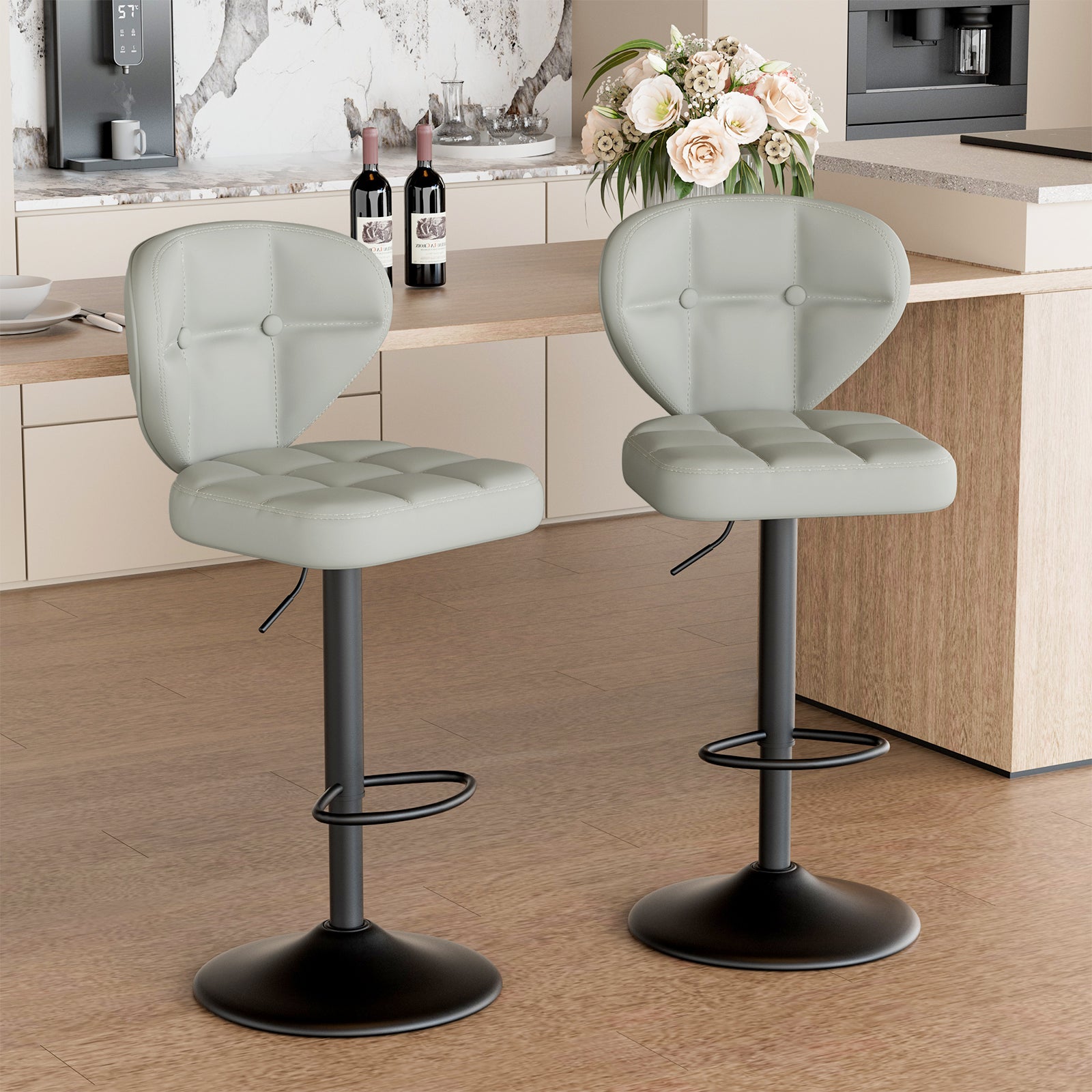 Daluvenix Adjustable Swivel Bar Stools Set of 2 with Backrest, Mid-Century PU Leather Upholstered Bar Chairs for Kitchen Island, 21.65"-31.5" Seat Height