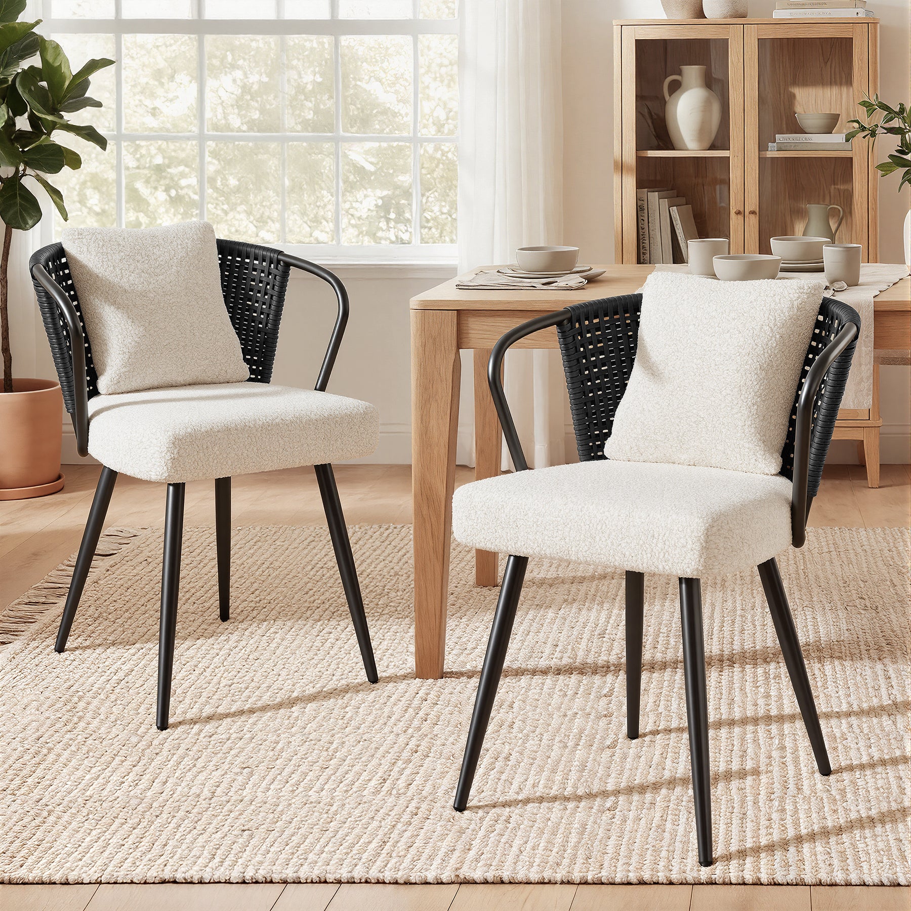 Daluvenix Rattan Dining Chairs Set of 2 Accent Chairs with Rattan Backrest & Teddy Fleece Fabric Cushion