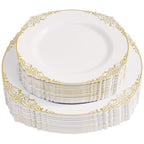 Daluvenix 100 Pcs Gold Plastic Plates for 50 Guests, White and Gold / Rose Gold Disposable Plates, Vintage Disposable Dinnerware for Party, Wedding and Graduation