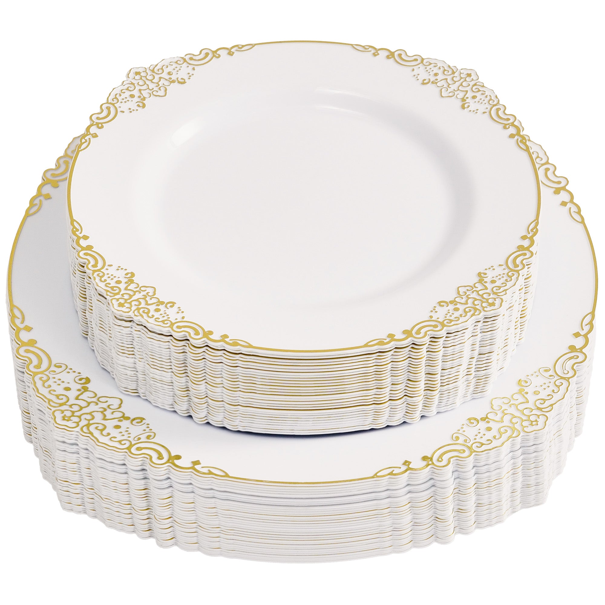 Daluvenix 100 Pcs Gold Plastic Plates for 50 Guests, White and Gold / Rose Gold Disposable Plates, Vintage Disposable Dinnerware for Party, Wedding and Graduation
