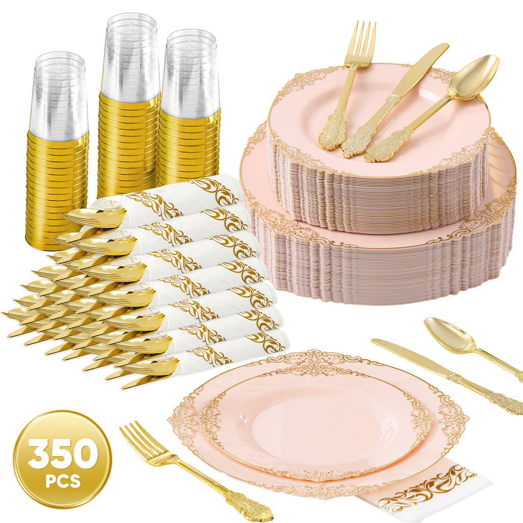 Daluvenix 350 Pcs Gold Plastic Dinnerware Set for 50 Guests, Disposable Dinnerware Sets Include 100 Sliver Rim Plastic Plates, 50 Silverwares, 50 Cups, and 50 Napkins for Party, Wedding, Holidays