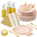 Daluvenix 350 Pcs Gold Plastic Dinnerware Set for 50 Guests, Disposable Dinnerware Sets Include 100 Sliver Rim Plastic Plates, 50 Silverwares, 50 Cups, and 50 Napkins for Party, Wedding, Holidays