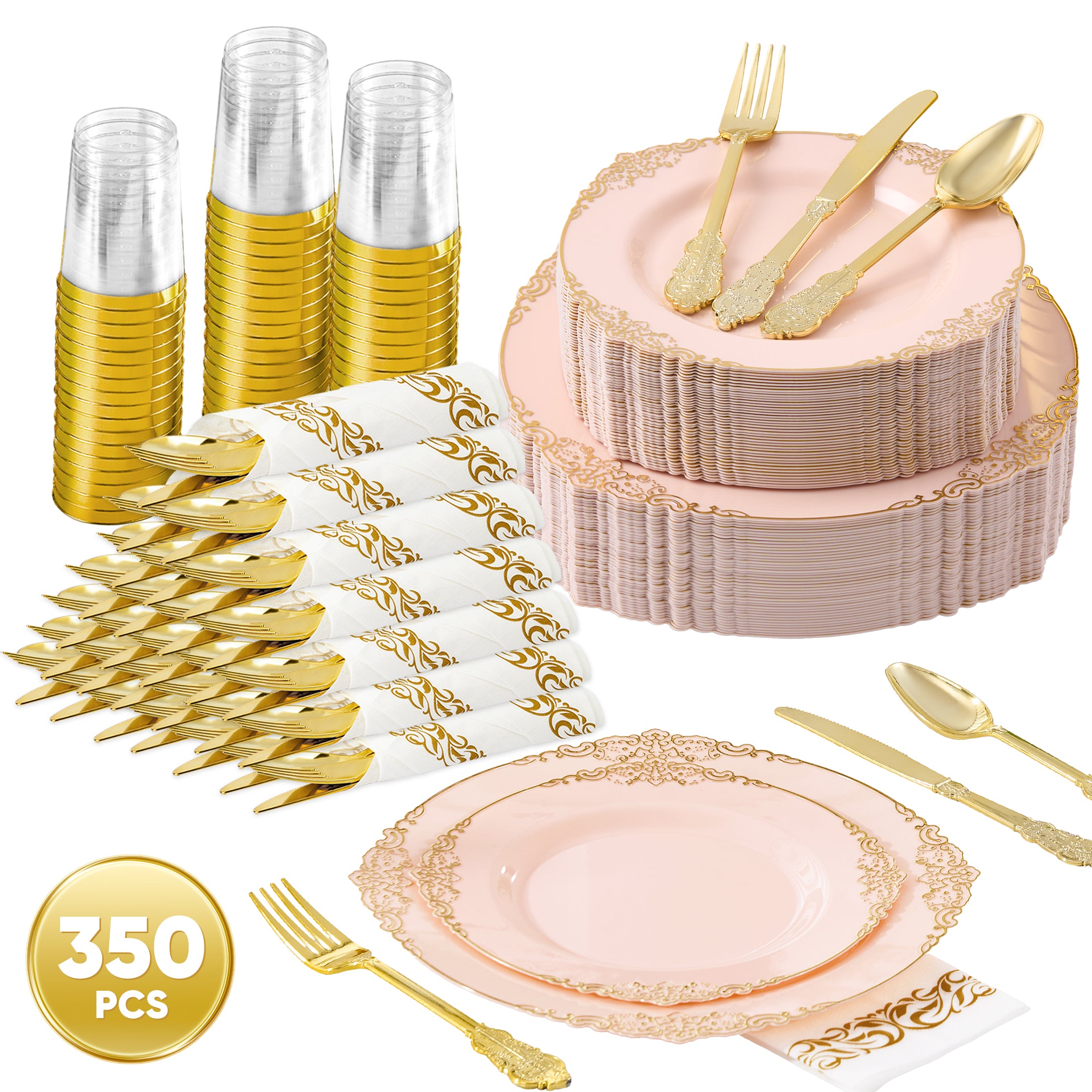 Daluvenix 350 Pcs Gold Plastic Dinnerware Set for 50 Guests, Disposable Dinnerware Sets Include 100 Sliver Rim Plastic Plates, 50 Silverwares, 50 Cups, and 50 Napkins for Party, Wedding, Holidays