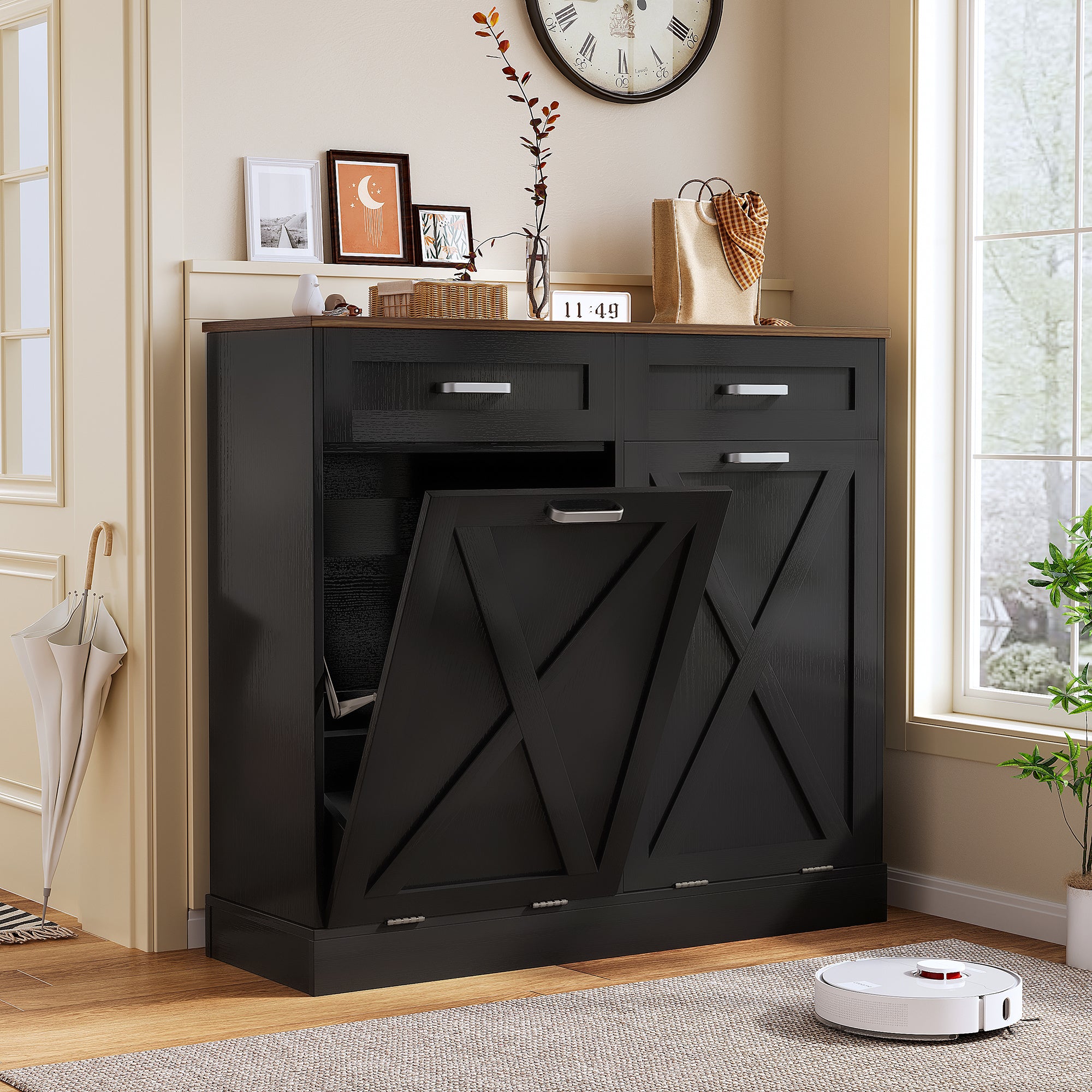 Daluvenix Double Tilt Out Trash Can Cabinet for 2 Bins,Hidden Trash Bin Storage Cabinet with Hideaway Drawers,Pet Proof Trash Can Holder for 2 x 10 Gallon , Kitchen, Dining Room, Living Room
