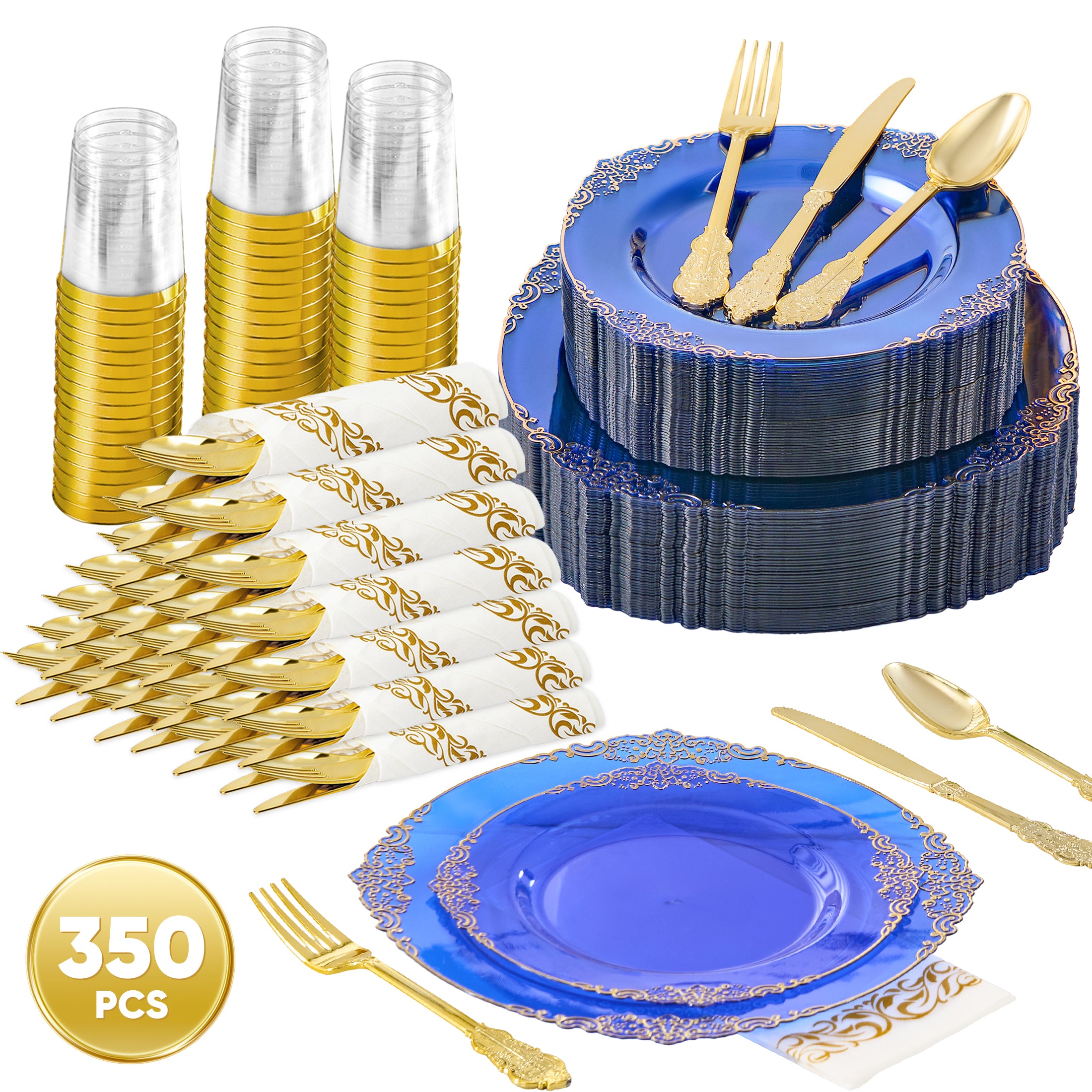 Daluvenix 350 Pcs Gold Plastic Dinnerware Set for 50 Guests, Disposable Dinnerware Sets Include 100 Sliver Rim Plastic Plates, 50 Silverwares, 50 Cups, and 50 Napkins for Party, Wedding, Holidays