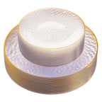 Daluvenix 100/200 Pcs Gold Plastic Plates for 50 Guests, Clear Gold Rimmed Disposable Dinnerware Set, Hammer Pattern Design & Heavy-duty Fancy Disposable Plate Ideal for Party, Wedding and Graduation