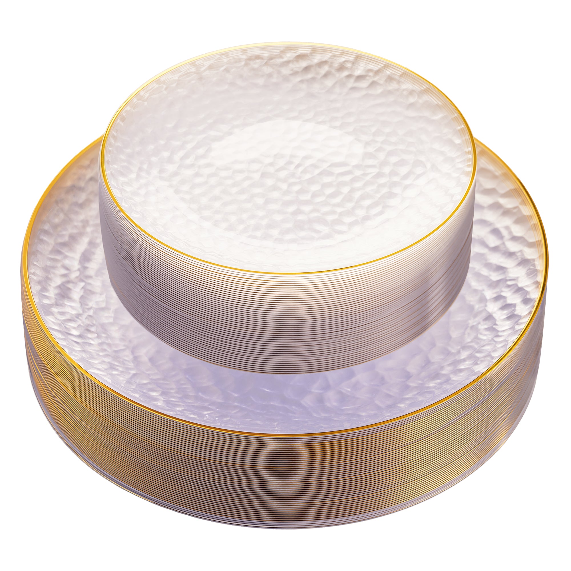 Daluvenix 100/200 Pcs Gold Plastic Plates for 50 Guests, Clear Gold Rimmed Disposable Dinnerware Set, Hammer Pattern Design & Heavy-duty Fancy Disposable Plate Ideal for Party, Wedding and Graduation