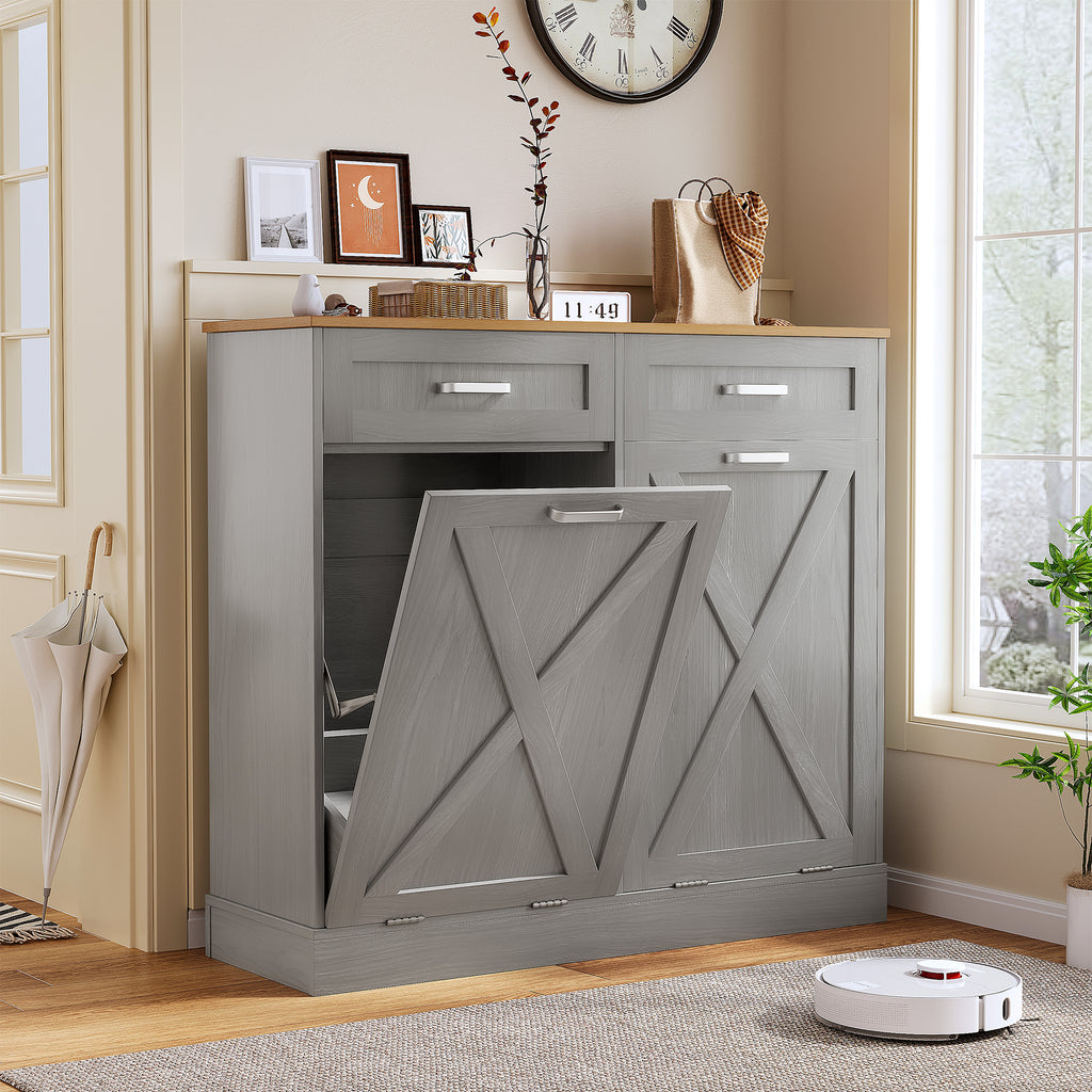 Daluvenix Double Tilt Out Trash Can Cabinet for 2 Bins,Hidden Trash Bin Storage Cabinet with Hideaway Drawers,Pet Proof Trash Can Holder for 2 x 10 Gallon , Kitchen, Dining Room, Living Room