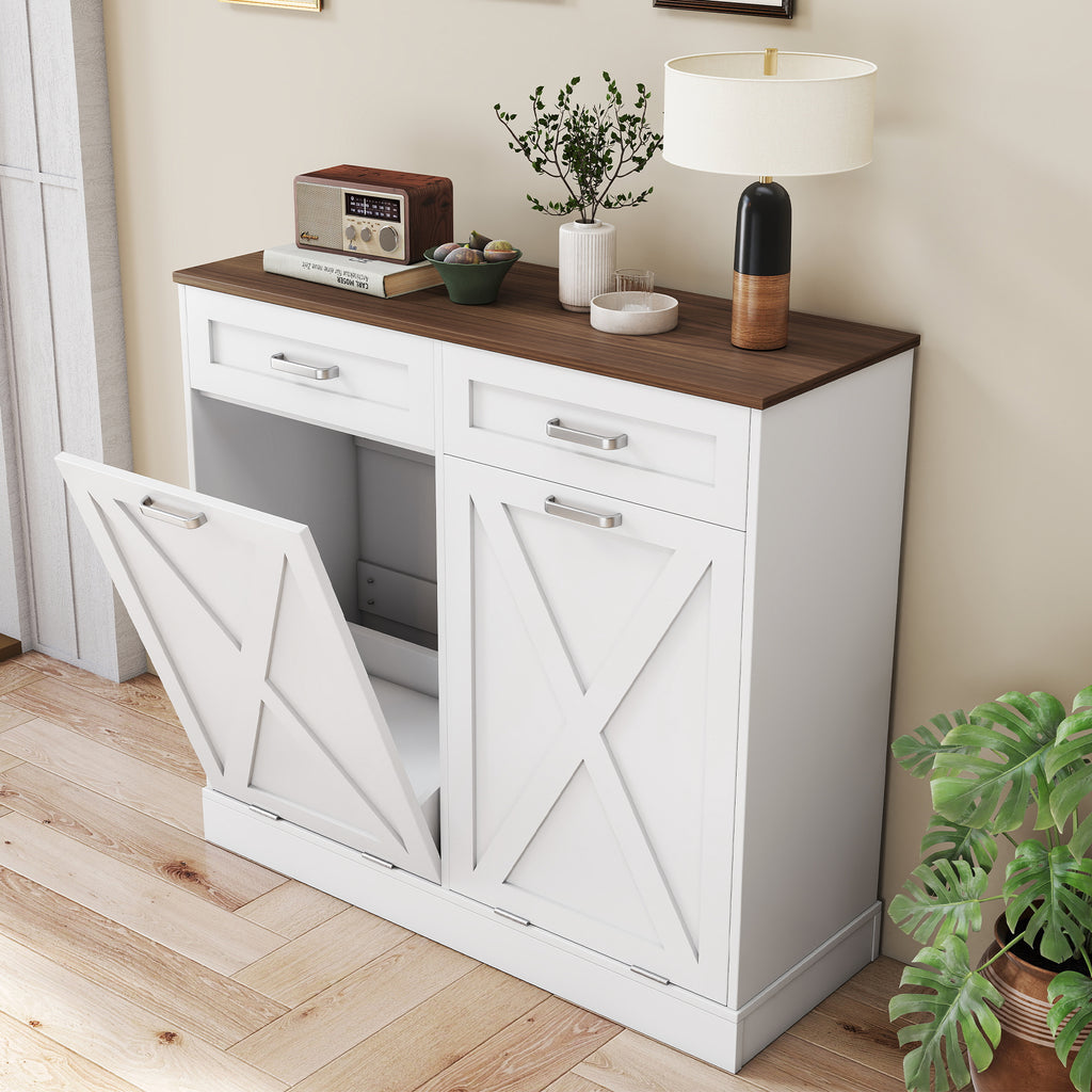 Daluvenix Double Tilt Out Trash Can Cabinet for 2 Bins,Hidden Trash Bin Storage Cabinet with Hideaway Drawers,Pet Proof Trash Can Holder for 2 x 10 Gallon , Kitchen, Dining Room, Living Room