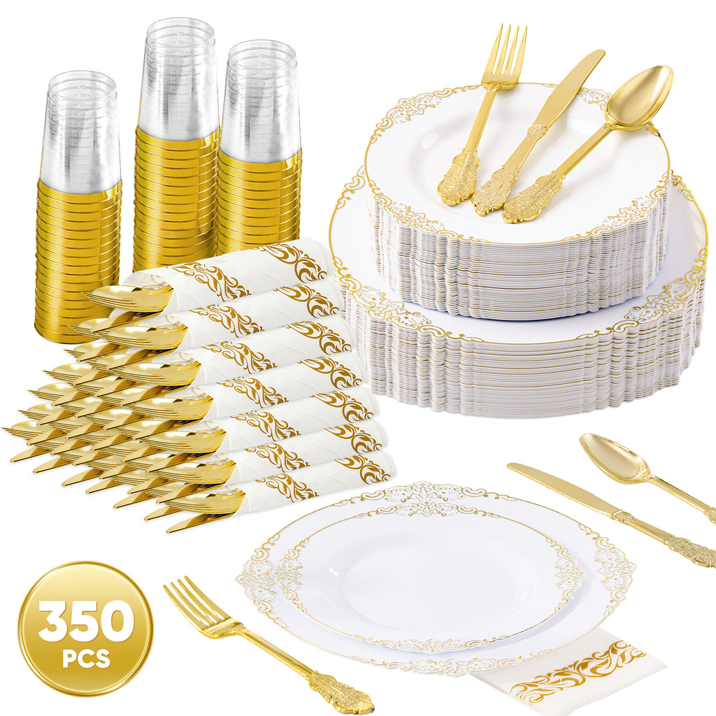 Daluvenix 350 Pcs Gold Plastic Dinnerware Set for 50 Guests, Disposable Dinnerware Sets Include 100 Sliver Rim Plastic Plates, 50 Silverwares, 50 Cups, and 50 Napkins for Party, Wedding, Holidays