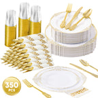 Daluvenix 350 Pcs Gold Plastic Dinnerware Set for 50 Guests, Disposable Dinnerware Sets Include 100 Sliver Rim Plastic Plates, 50 Silverwares, 50 Cups, and 50 Napkins for Party, Wedding, Holidays