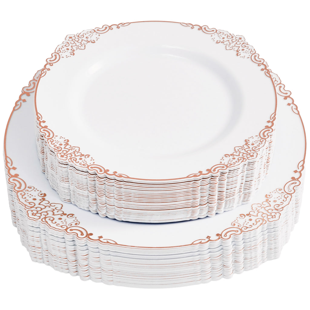 Daluvenix 100 Pcs Gold Plastic Plates for 50 Guests, White and Gold / Rose Gold Disposable Plates, Vintage Disposable Dinnerware for Party, Wedding and Graduation