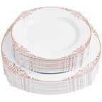 Daluvenix 100 Pcs Gold Plastic Plates for 50 Guests, White and Gold / Rose Gold Disposable Plates, Vintage Disposable Dinnerware for Party, Wedding and Graduation