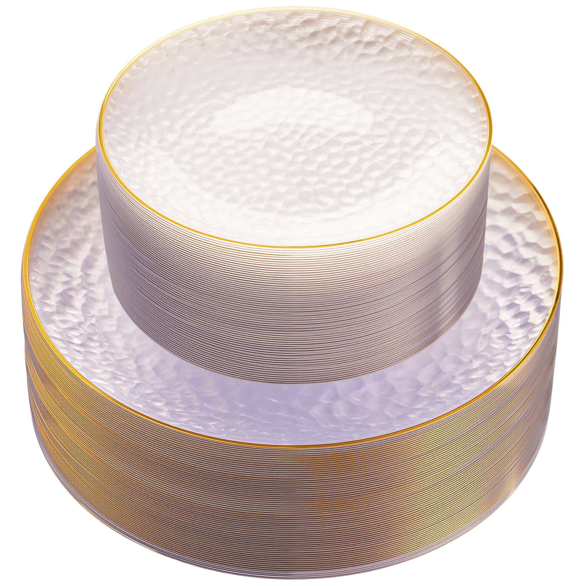 Daluvenix 100/200 Pcs Gold Plastic Plates for 50 Guests, Clear Gold Rimmed Disposable Dinnerware Set, Hammer Pattern Design & Heavy-duty Fancy Disposable Plate Ideal for Party, Wedding and Graduation