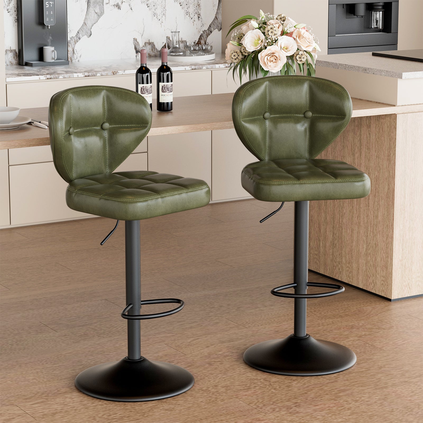 Daluvenix Adjustable Swivel Bar Stools Set of 2 with Backrest, Mid-Century PU Leather Upholstered Bar Chairs for Kitchen Island, 21.65"-31.5" Seat Height