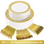 Daluvenix 350 Pcs Gold Dinnerware Set, Gold Plastic Plates with Gold Lace Rim Design, Gold Disposable Dinnerware Set for Wedding, Party and Graduation
