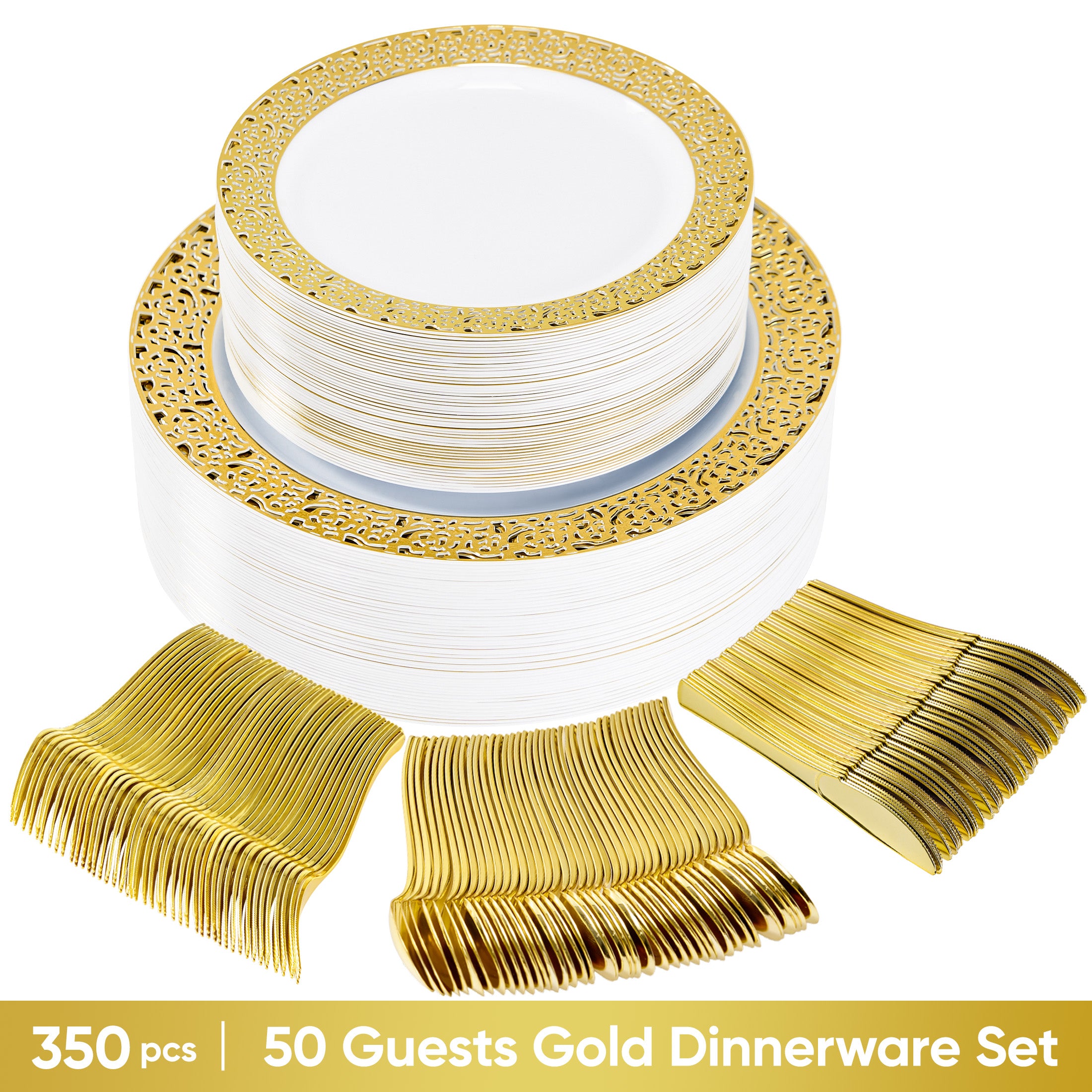 Daluvenix 350 Pcs Gold Dinnerware Set, Gold Plastic Plates with Gold Lace Rim Design, Gold Disposable Dinnerware Set for Wedding, Party and Graduation