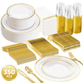 Daluvenix Gold Plastic Dinnerware Set for 50 Guests, Silver Plastic Plates for Party, 50 Disposable Plates, 50 Dessert Plates, 50 Napkins with Silverware, 50 Cups
