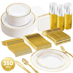 Daluvenix Gold Plastic Dinnerware Set for 50 Guests, Silver Plastic Plates for Party, 50 Disposable Plates, 50 Dessert Plates, 50 Napkins with Silverware, 50 Cups