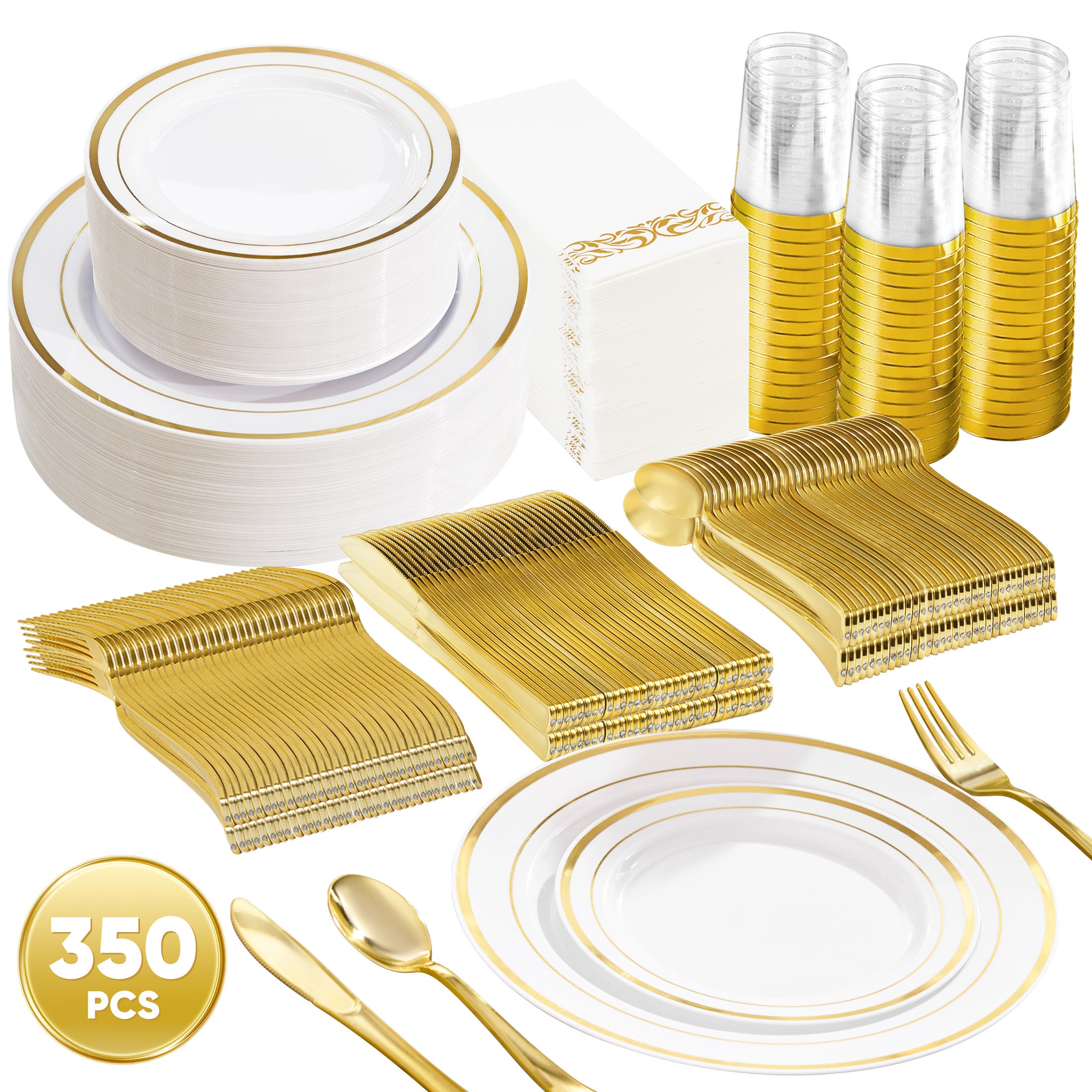 Daluvenix Gold Plastic Dinnerware Set for 50 Guests, Silver Plastic Plates for Party, 50 Disposable Plates, 50 Dessert Plates, 50 Napkins with Silverware, 50 Cups